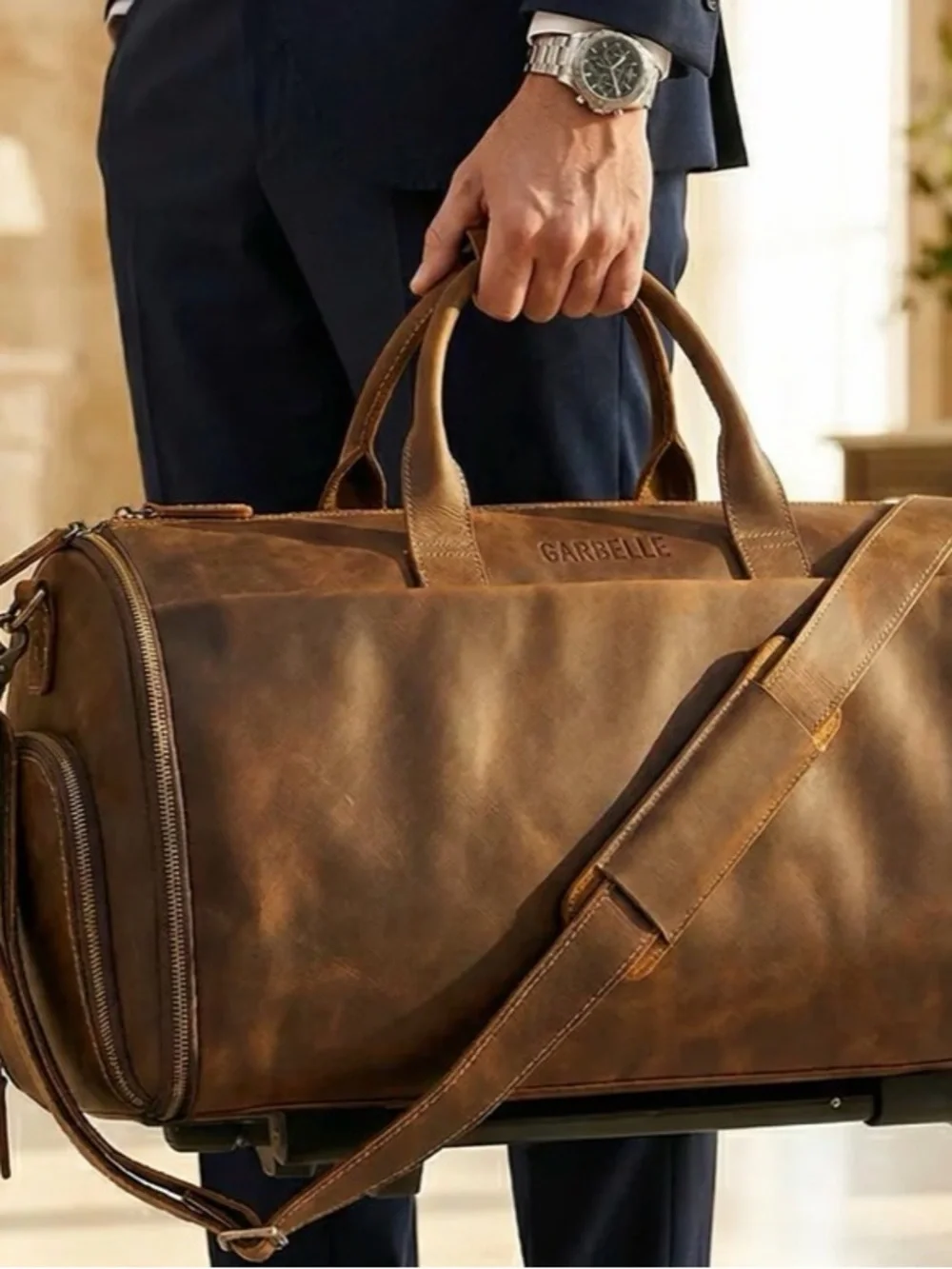 Garbelle Leather Carry-On Garment Duffel Bag Trolley Model Brown Travel Bag